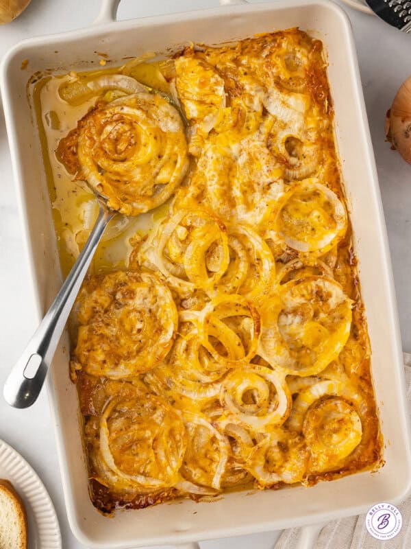 Overhead view of a baking dish of Tennessee onions