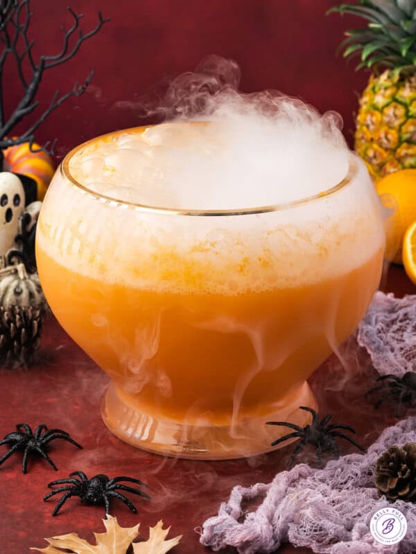 Halloween witches brew in punch bowl with fog