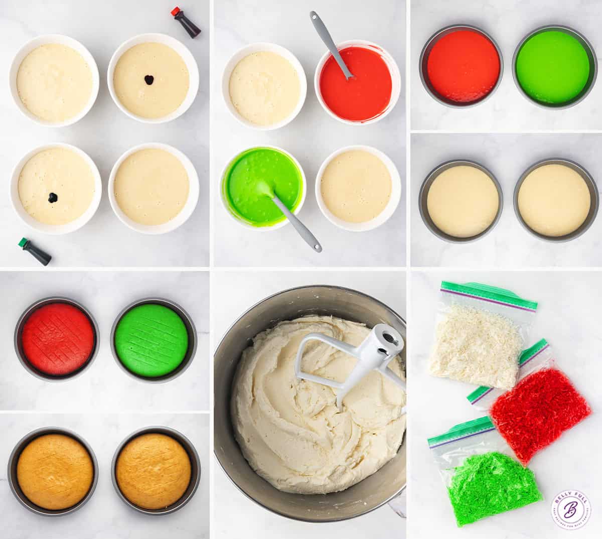 steps to bake round vanilla cakes dyed red and green for Christmas