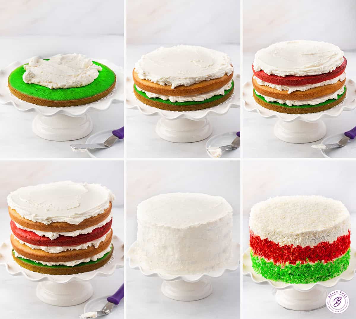 steps to assemble and frost a 4 layer red, green, and white round Christmas cake