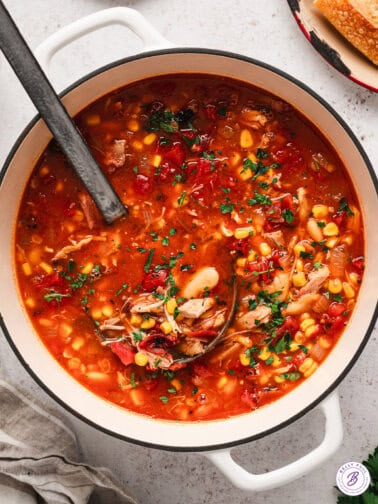 Overhead view of a ladle in a pot of Brunswick stew.