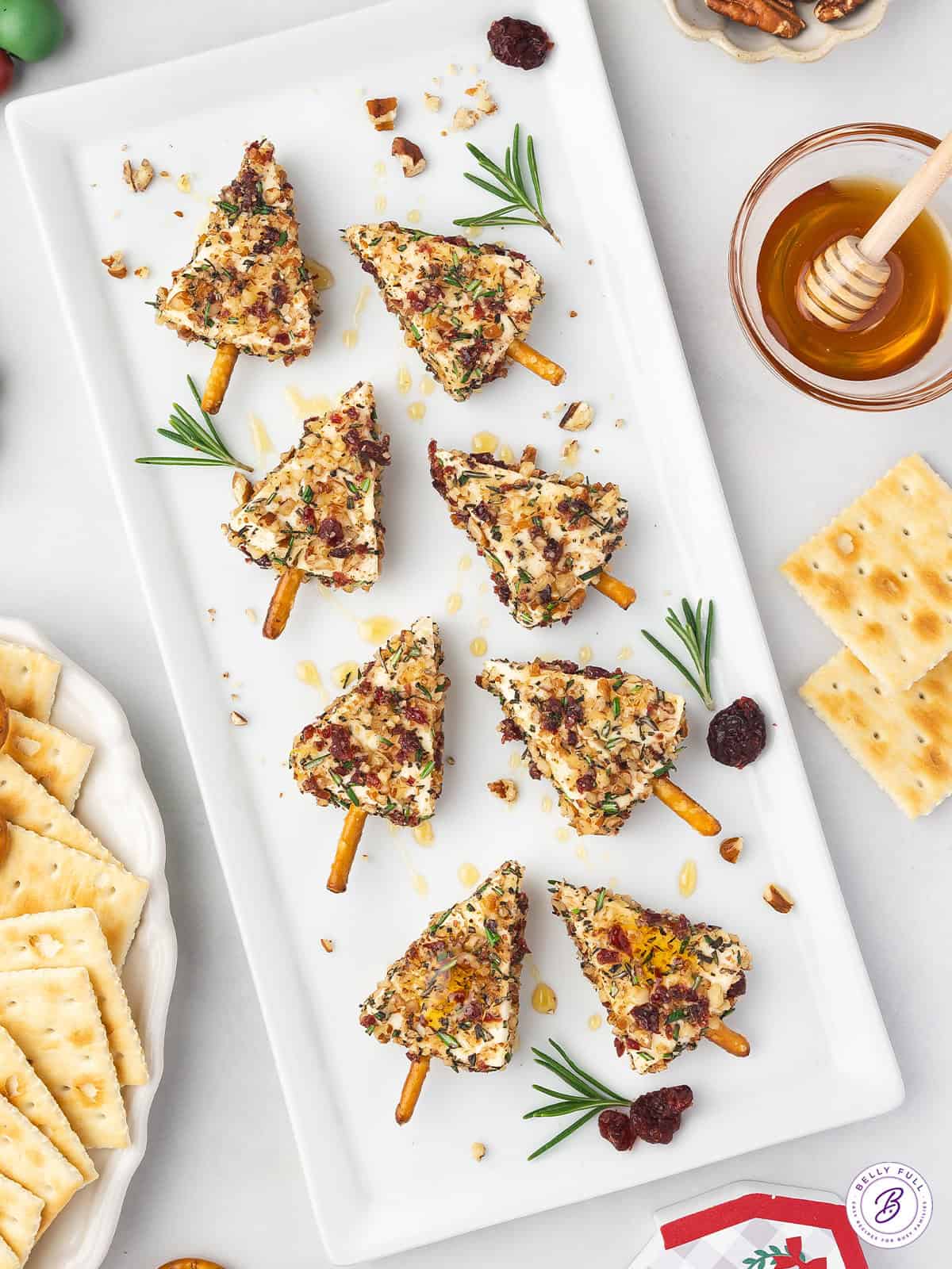 Overhead view of Christmas Cheese Trees on a white platter