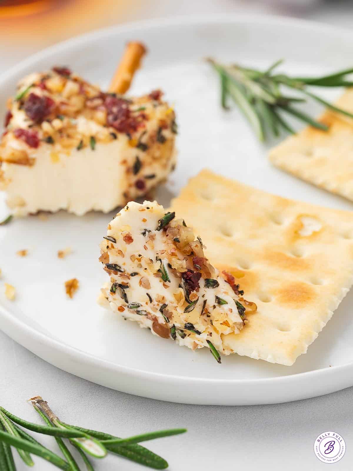 A cheese Christmas tree on a plate, with some of the cheese on a cracker