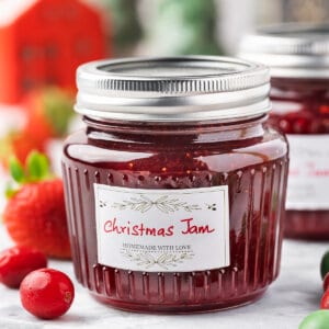 A jar of Christmas jam with a label