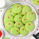 Overhead view of a plate of Grinch cookies