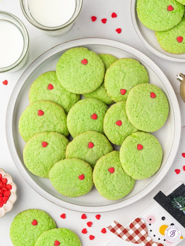 Overhead view of a plate of Grinch cookies