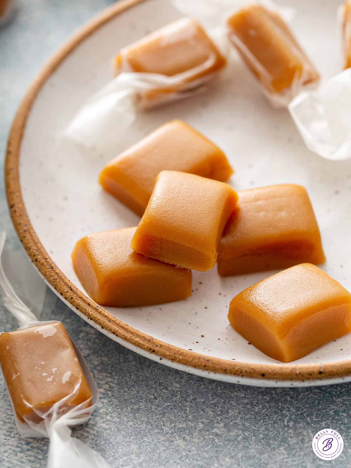 plate of unwrapped soft chewy caramels