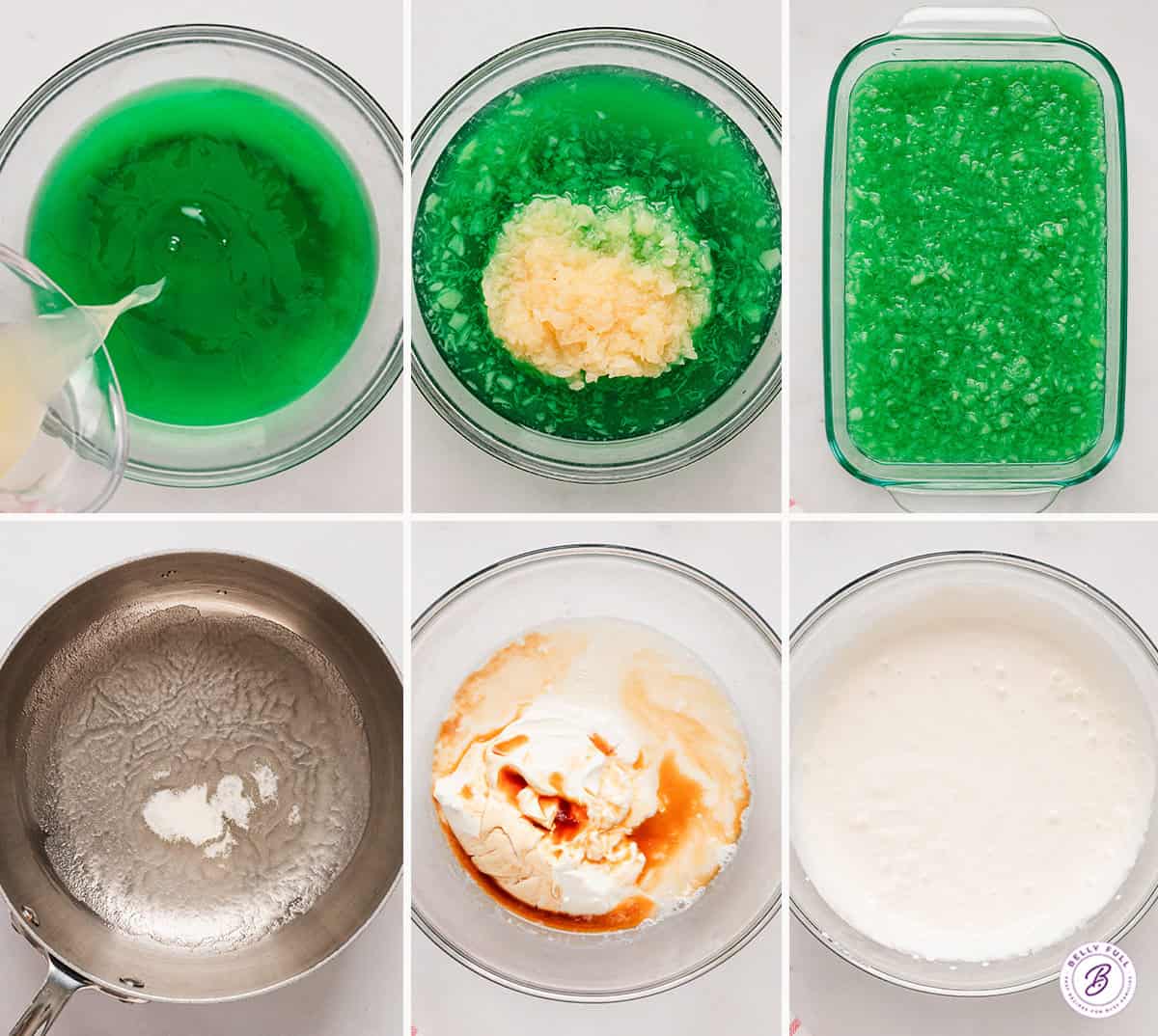 Process shots of how to make the green jello layer and the white gelatin