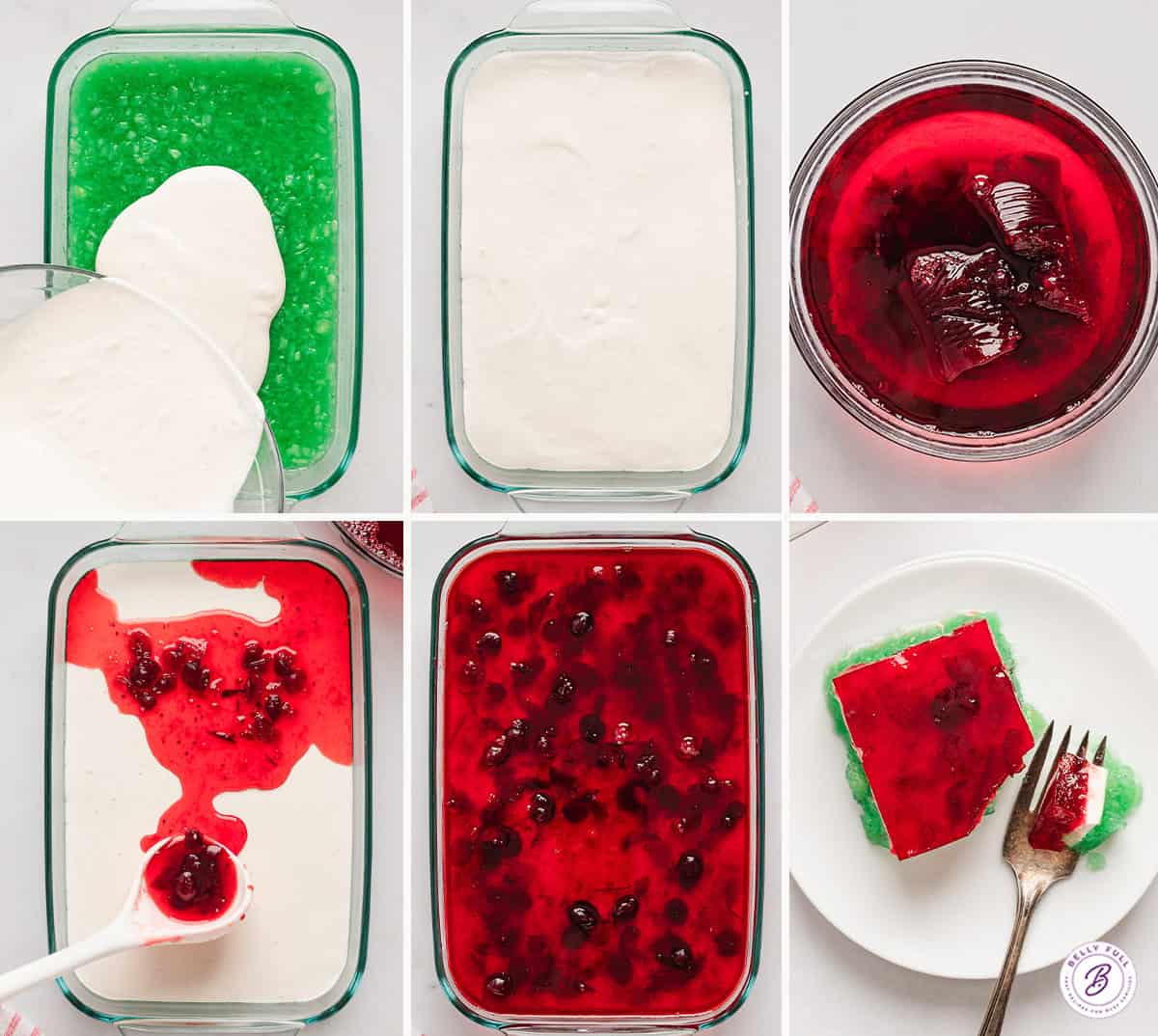 Process shots of how to add the white gelatin layer and the red jello layer