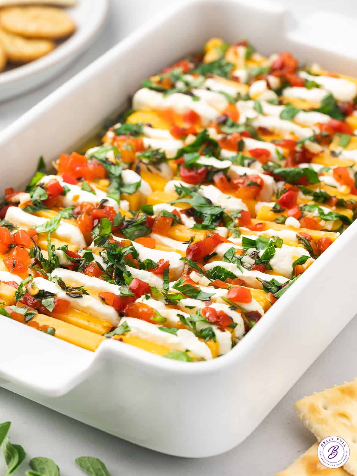 Marinated cheese in a baking dish