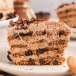 A slice of mocha chocolate chip icebox cake on a plate