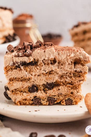 A slice of mocha chocolate chip icebox cake on a plate