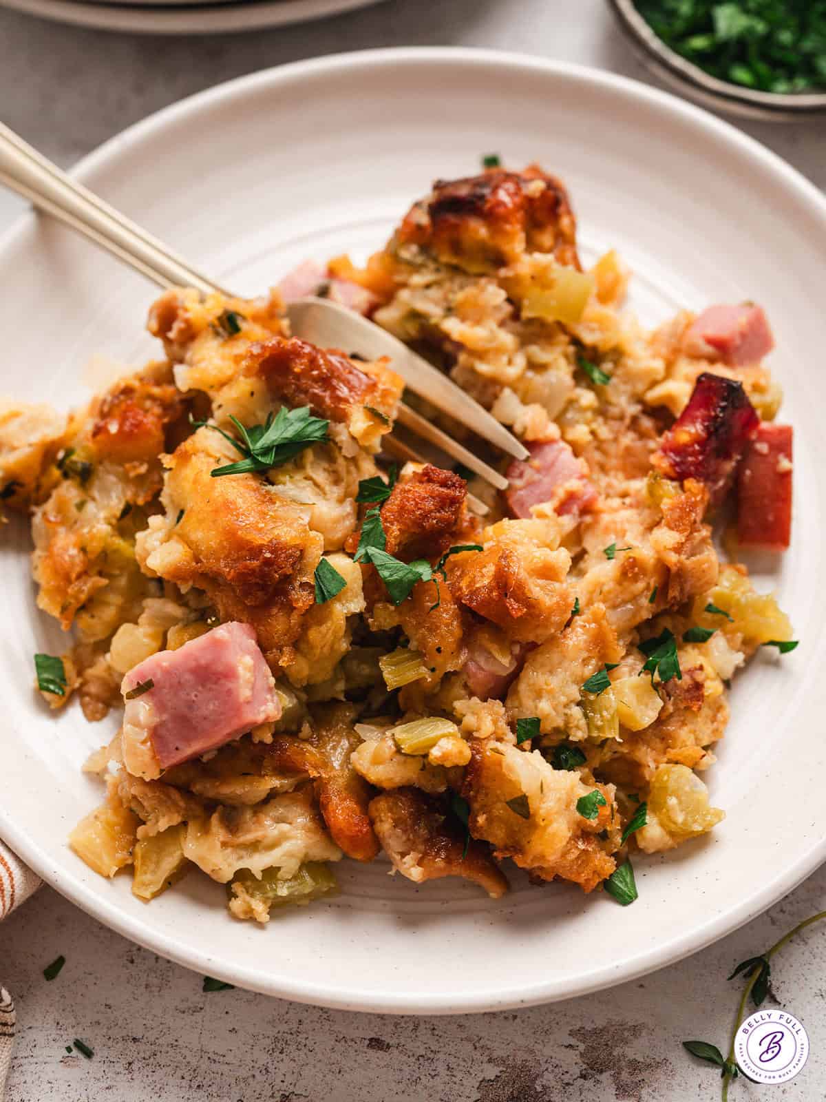 A plate of potato bread stuffing