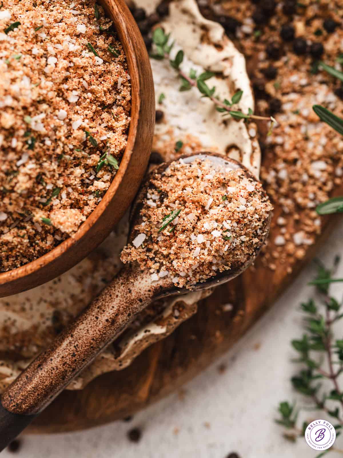 Overhead view of prime rib rub on a spoon.