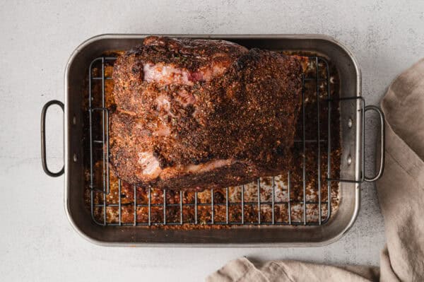 Overhead view of a prime rib roast after reverse searing.