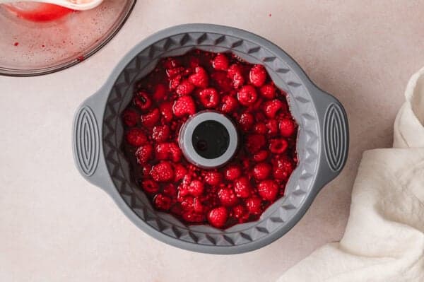 Raspberry jello with raspberries poured into a jello mold