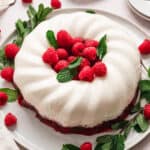 Overhead view of snowy raspberry jello on a serving platter