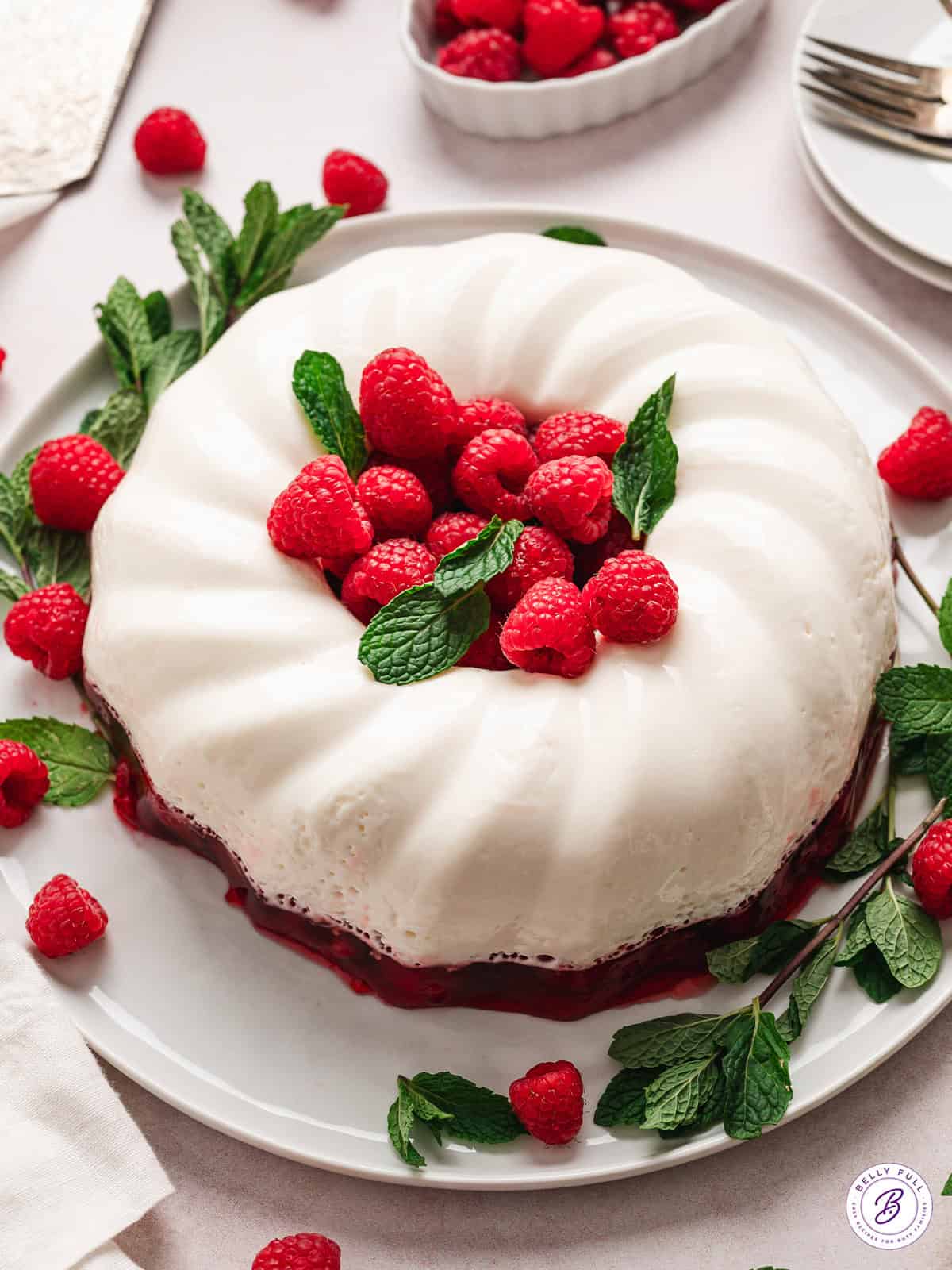 Overhead view of snowy raspberry jello on a serving platter