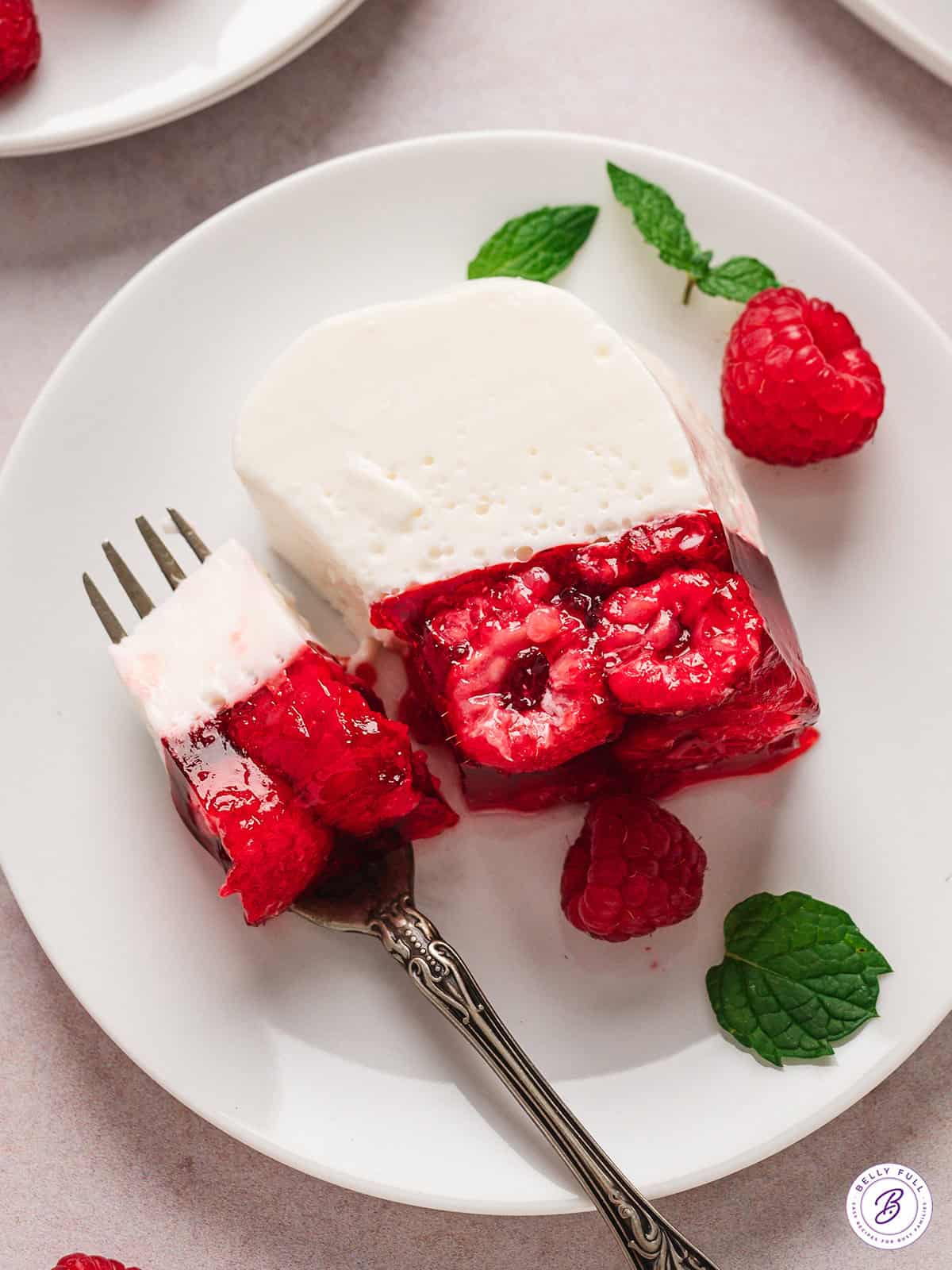 A slice of snowy raspberry gelatin mold on its side to show the two layers