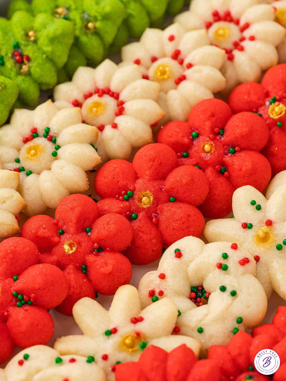 Overhead close up view of Christmas spritz cookies.