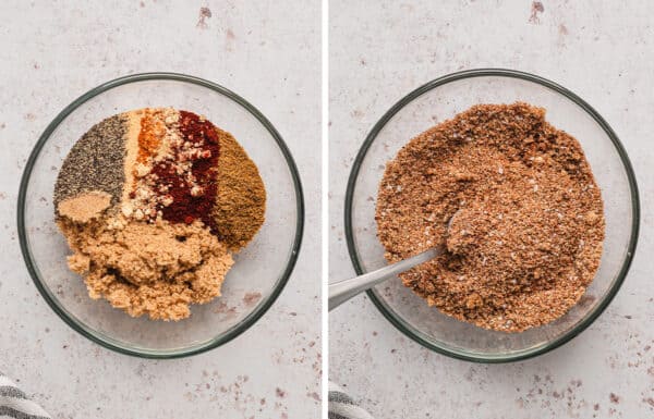 Two photos showing spices being mixed into brown sugar to create a rib rub