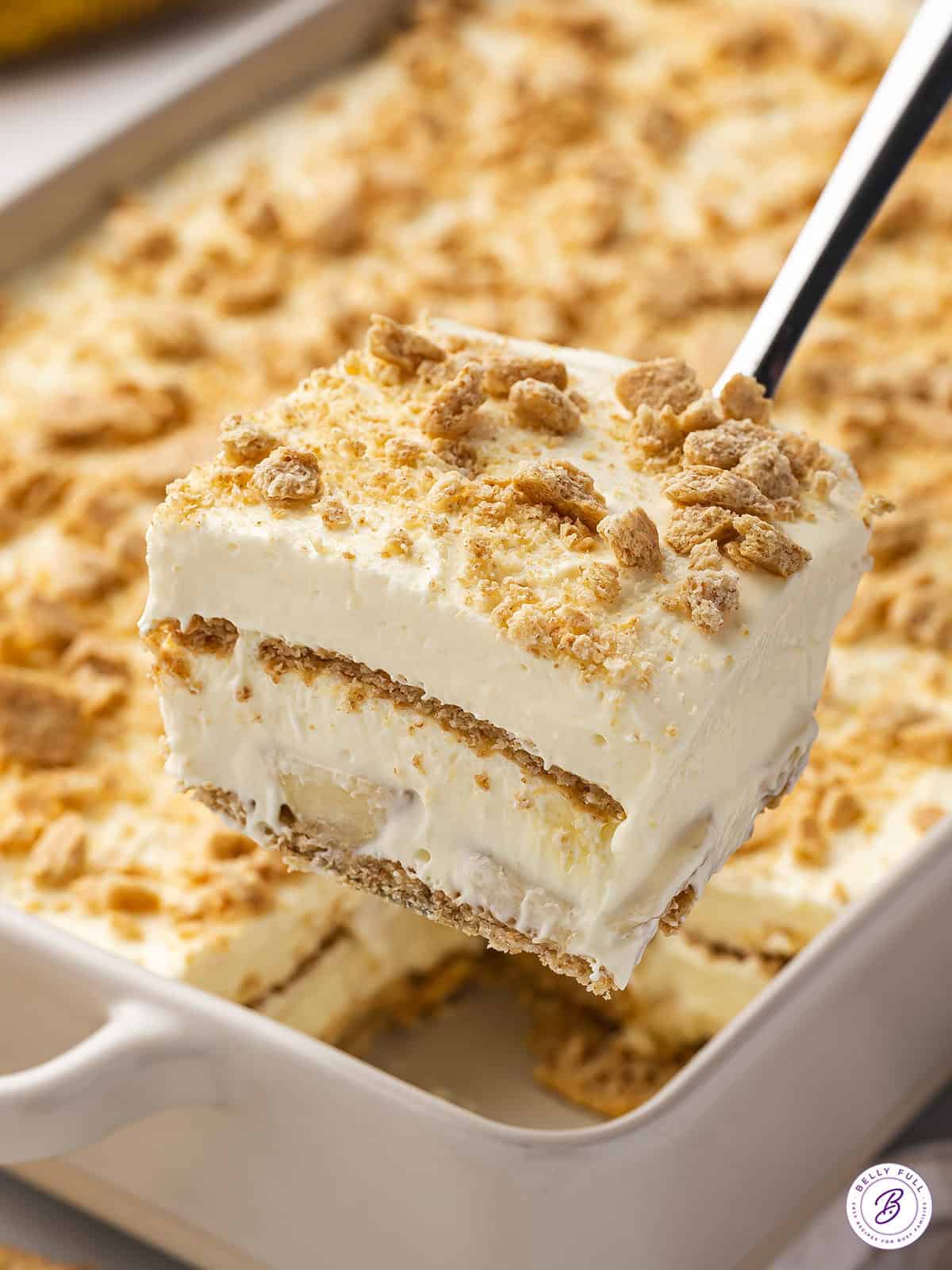 square slice of Banana Pudding Lush dessert on serving spatula