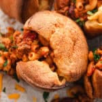 Close up overhead view of a chili mac popover