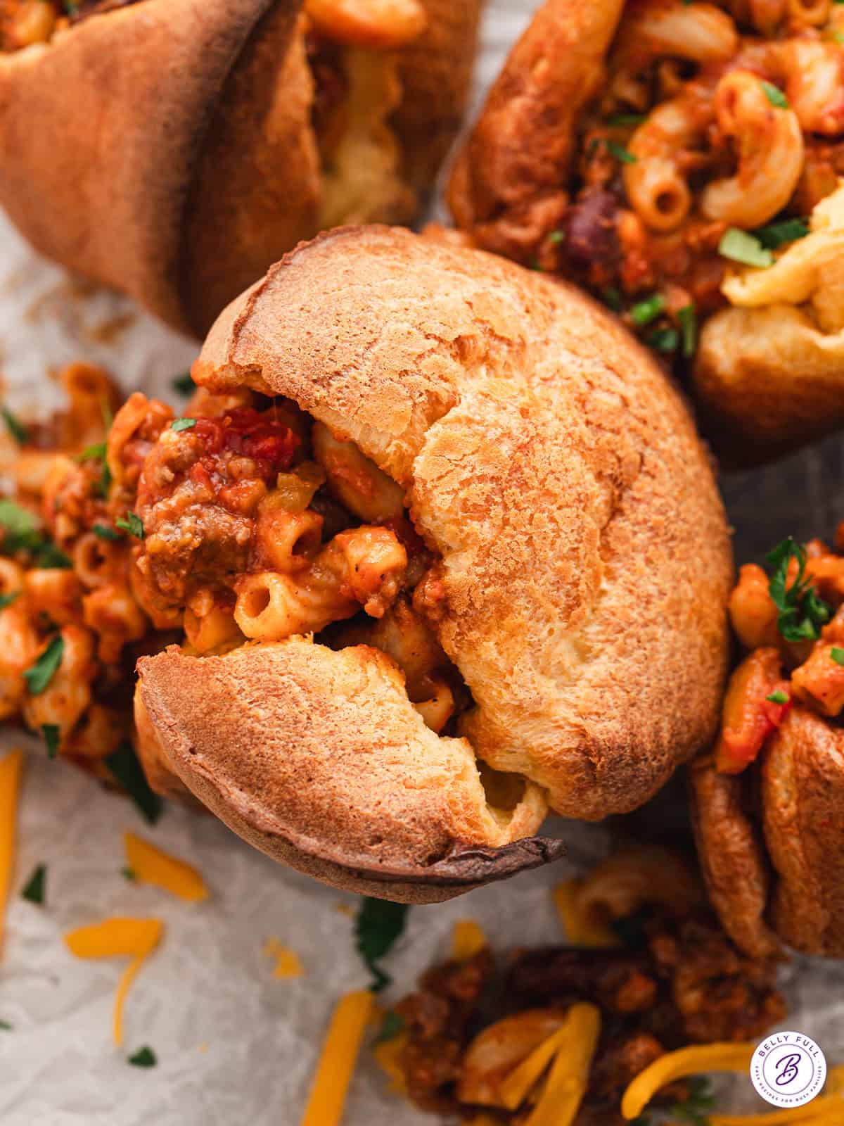 Close up overhead view of a chili mac popover