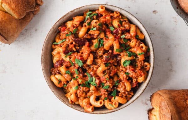 Overhead view of a bowl of chili mac