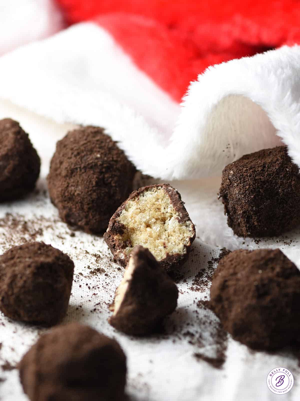 close up Lumps of Coal Rice Krispie Treats broken in half