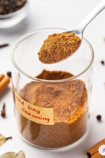 A spoon of Old Bay seasoning over a glass jar