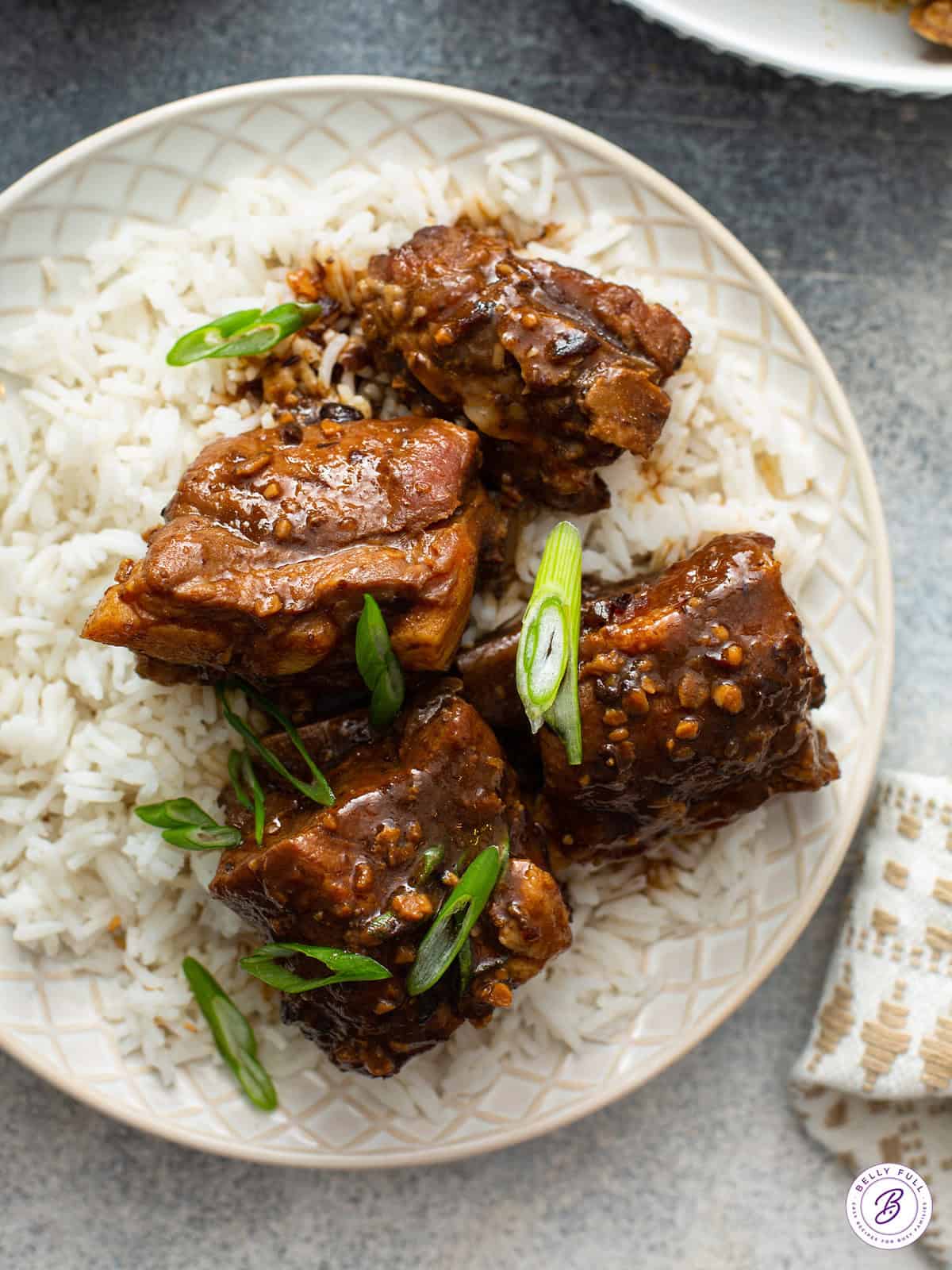 small Chinese pork ribs over rice with sauce and diced scallions