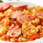 jambalaya with kielbasa, shrimp, and rice in bowl