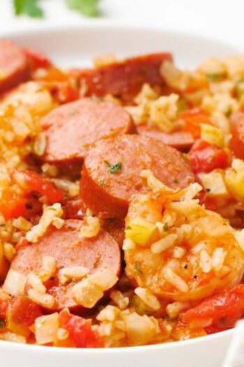 jambalaya with kielbasa, shrimp, and rice in bowl