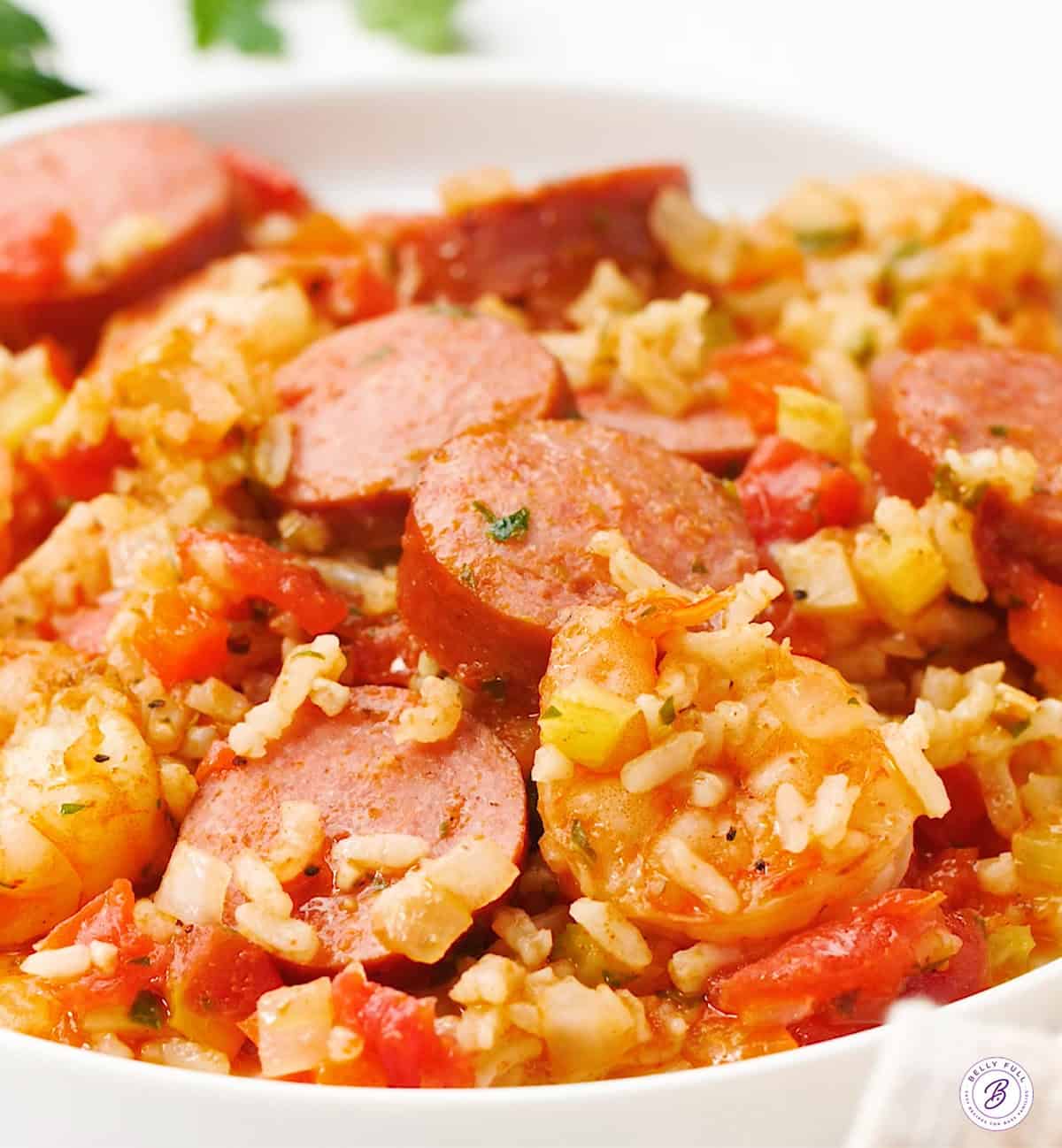 jambalaya with kielbasa, shrimp, and rice in bowl