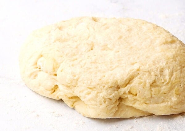 risen raw dough on floured surface