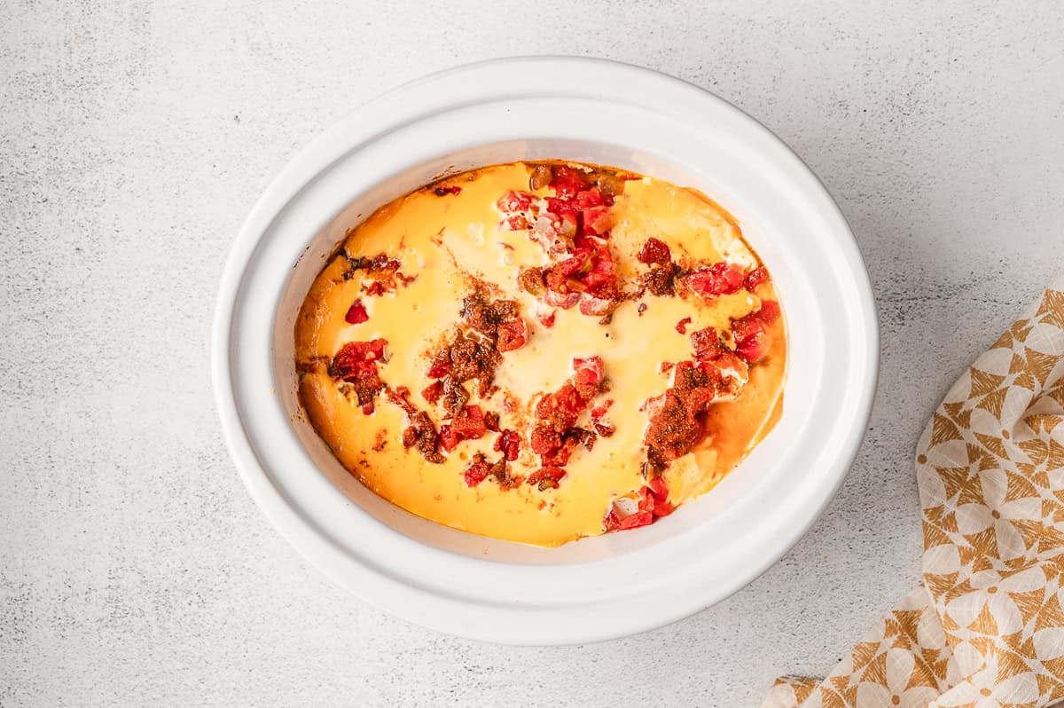 Rotel and melted cheese in a crockpot