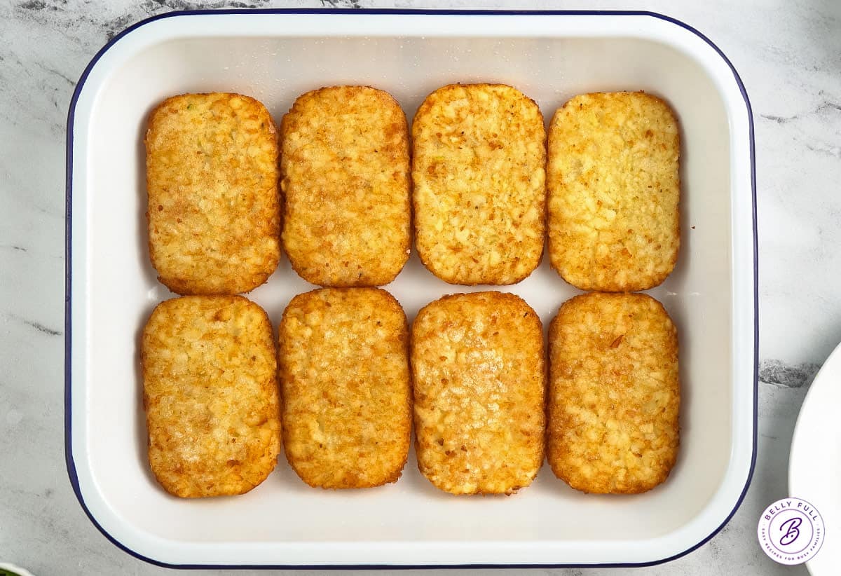 8 frozen hash brown patties in bottom of casserole dish