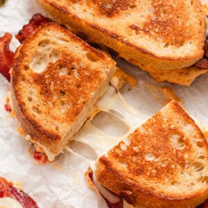 A pimento grilled cheese cut in half