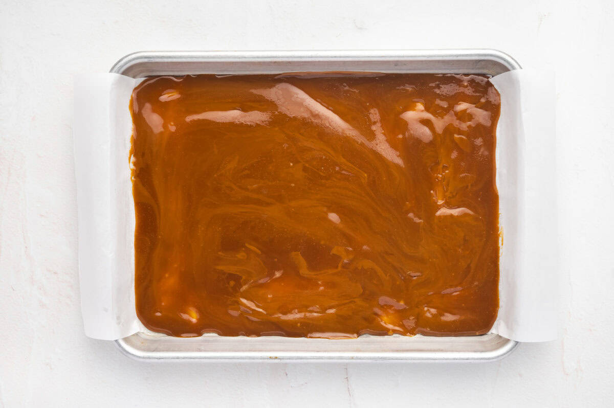 Toffee spread on a baking sheet