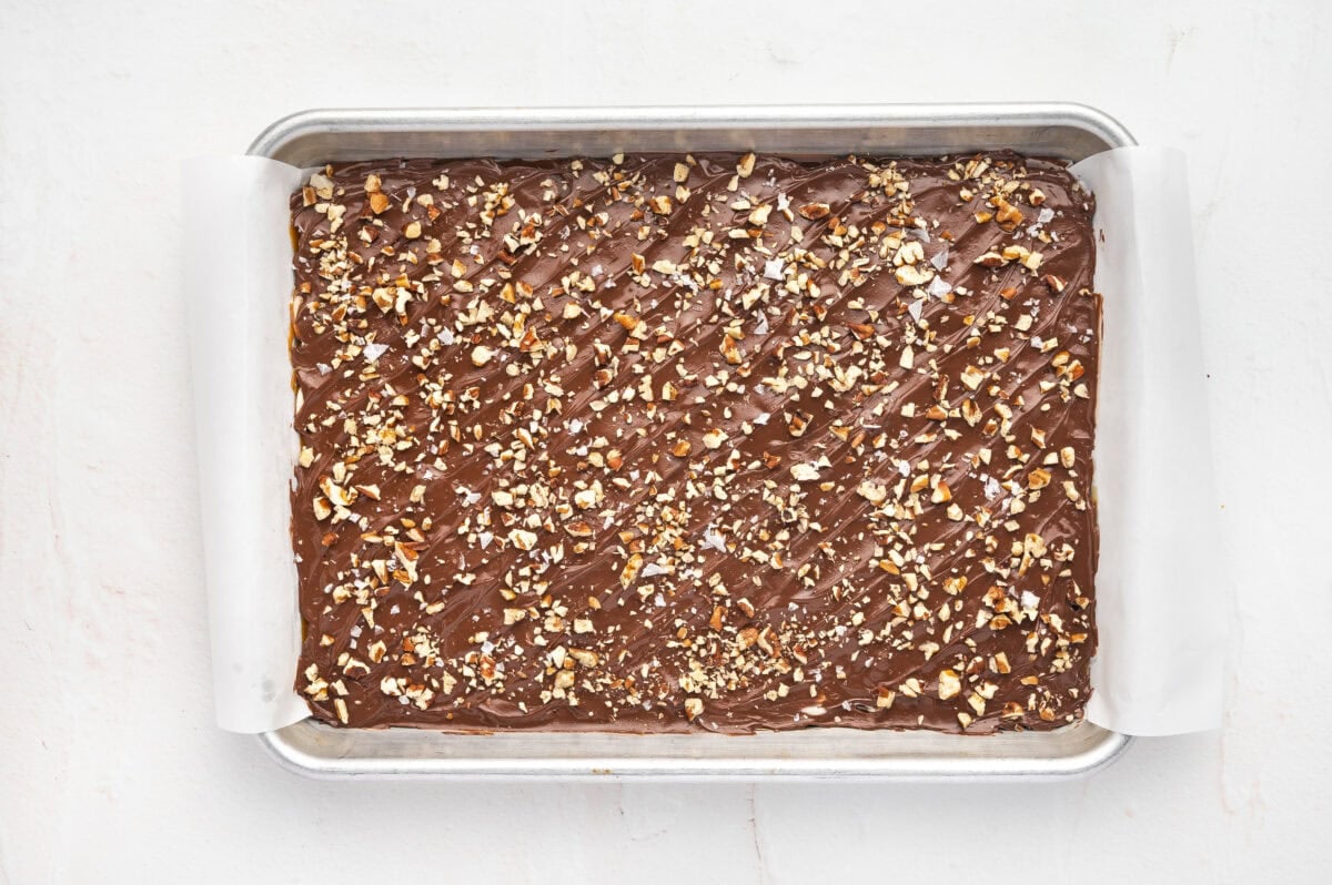 Toffee bark in a baking sheet