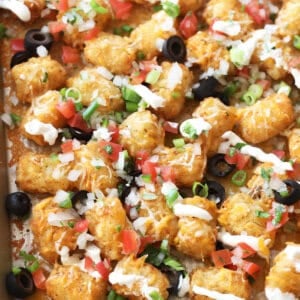 Overhead Totchos - Tater Tot Nachos on sheet pan