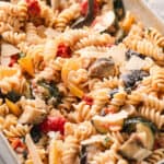 A baking dish of ratatouille pasta