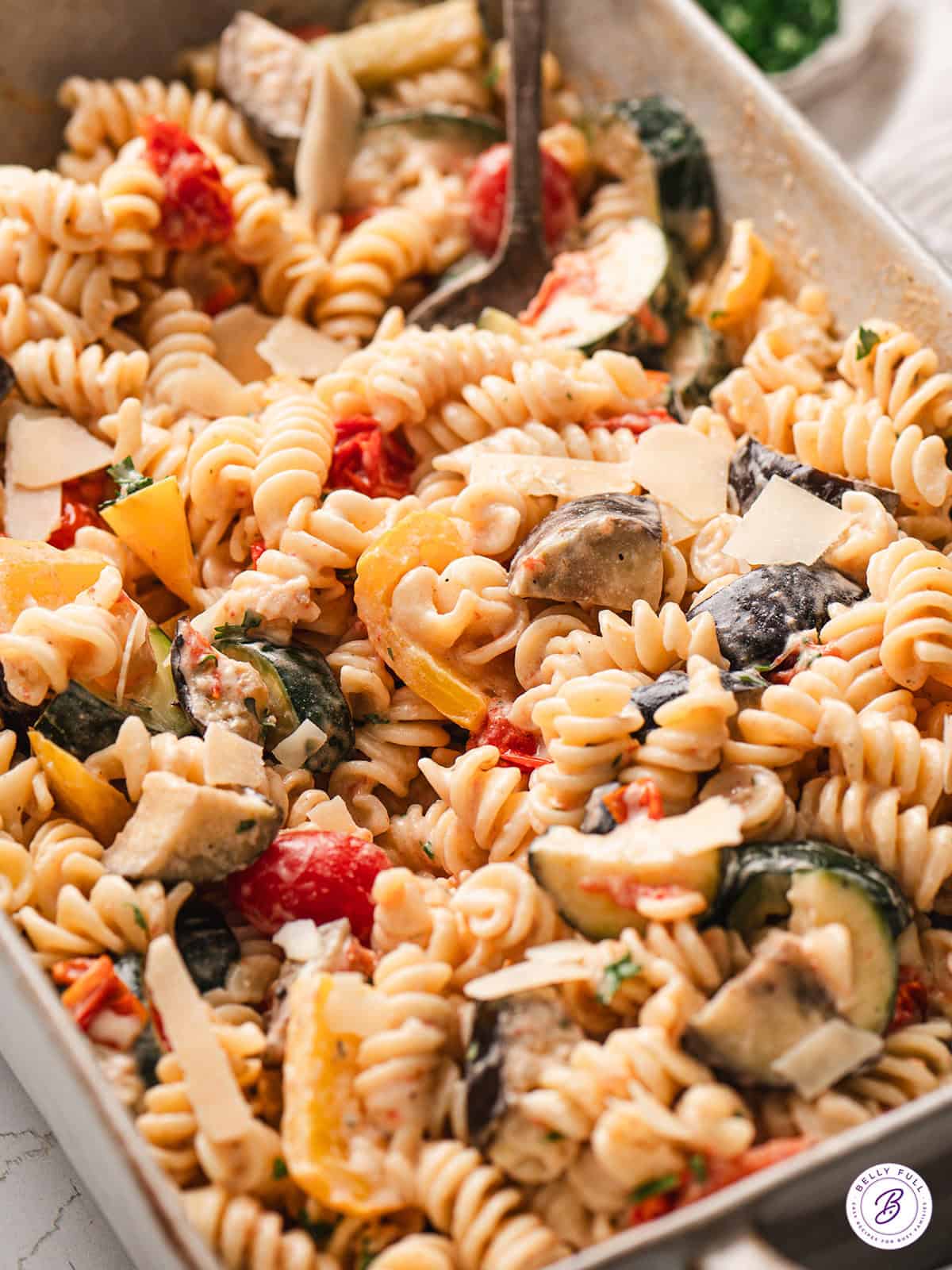 A baking dish of ratatouille pasta