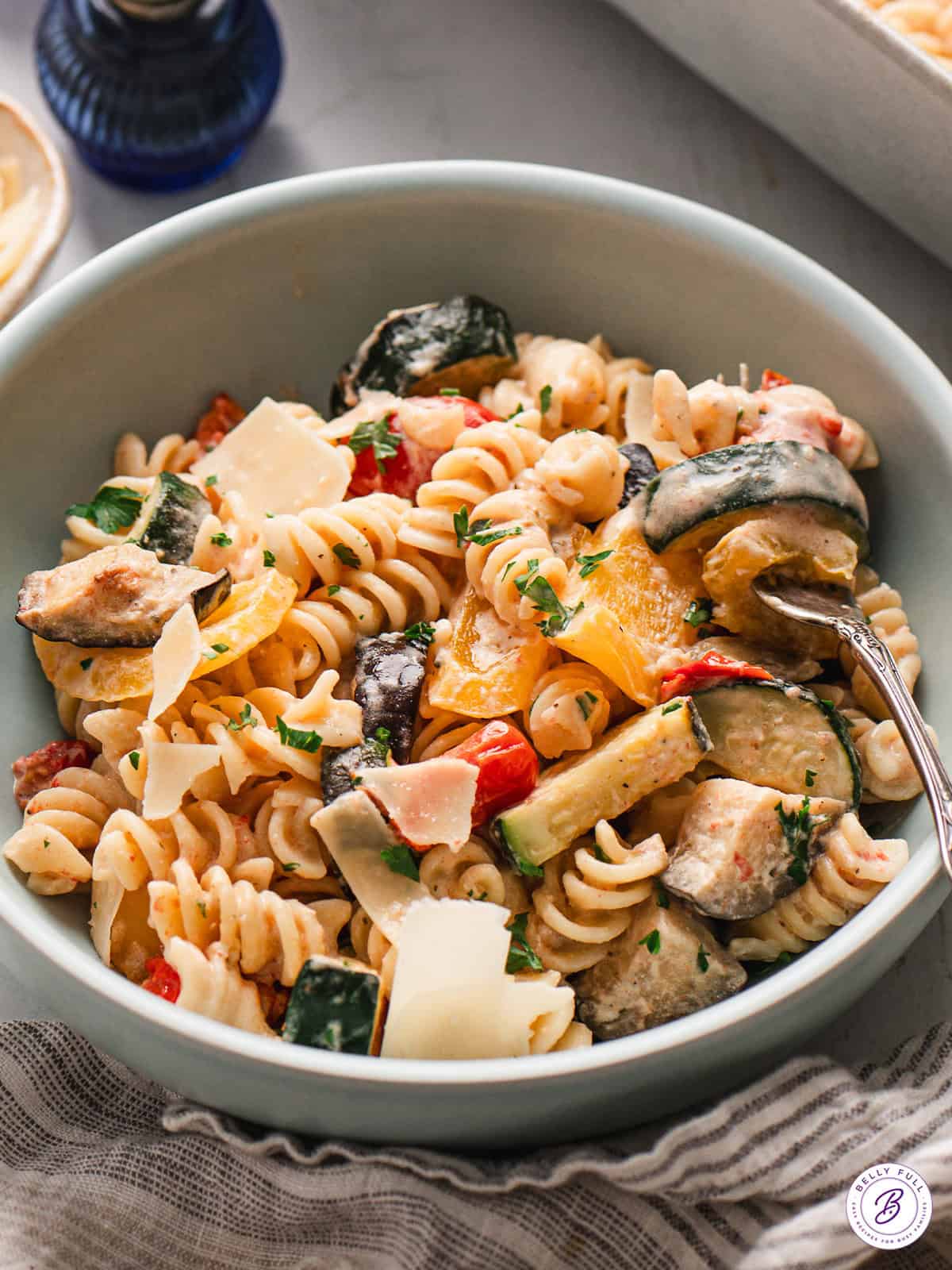 A bowl of ratatouille pasta