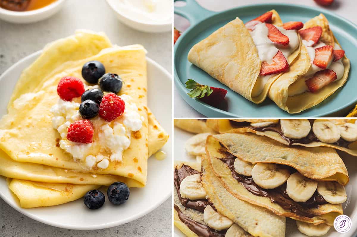 crepes with nutella, strawberries, honey, and cottage cheese