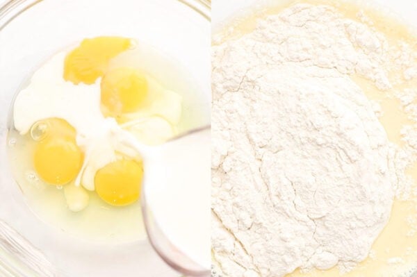 milk, eggs, and flour in bowl