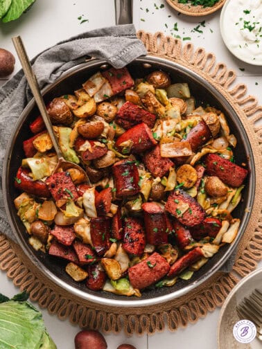 overhead Skillet Kielbasa and Cabbage