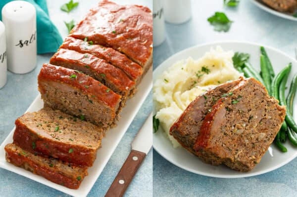 cooked glazed meatloaf sliced and on plate