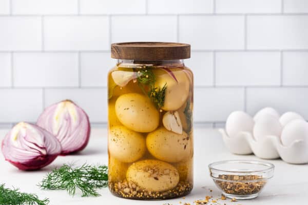 pickled eggs on glass jar